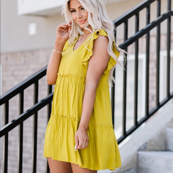 Zenana Call Me Later Tiered Mini Dress In Golden Wasabi - Picture 3 of 5